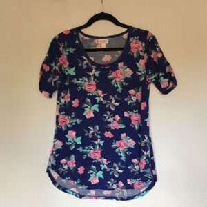 LULAROE Morgan Flare T Shirt Ruched Sleeve‎ Size XXS Blue Floral Flowers Top 2XS
